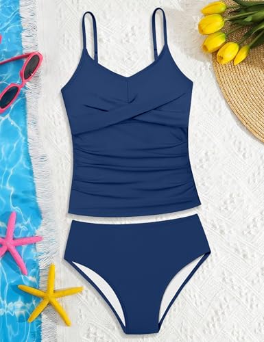Image of Girls Swimsuit 2 Piece Bathing Suit Criss Cross Ruched Girl Tankini Sets Printed Girls' Swimwear for 9-18 Years