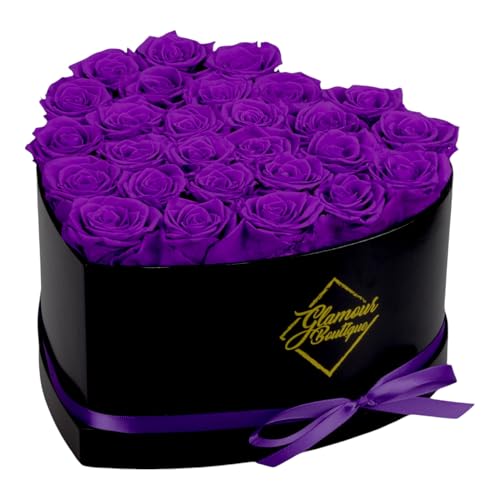 GLAMOUR BOUTIQUE 27 Flower Forever Heart Shape Box, Eternal Preserved Roses Gift for Her, Lasting Flowers, Premium Floral Heart Box for Birthday, Anniversary or Valentine’s Day, Purple (Color-Treated)