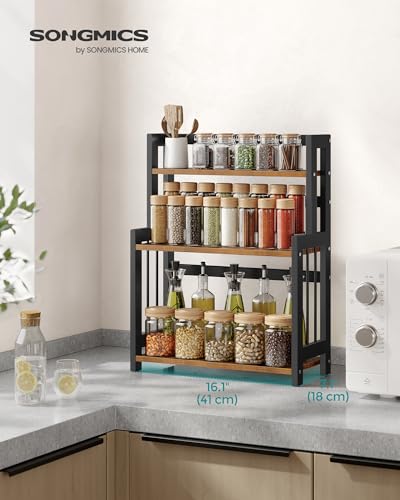 SONGMICS Spice Rack, 3 Tier Storage Rack, Desktop Organizer, Bamboo Frame, for Kitchen, Dining Room, Office, Rustic Brown and Black OFS047B01 - Image 3