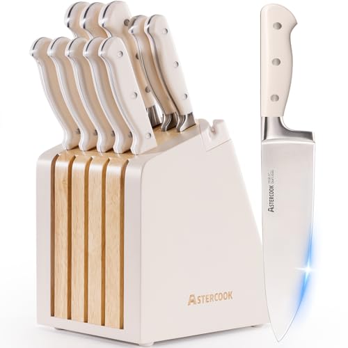 Astercook Knife Set, Kitchen Knife Set with Block and Sharpener, 12 Pcs Ultra-Sharp High Carbon Stainless Steel Knife Block Set with Non-Slip Full Tang Ergonomic Handle, Cream White Cutlery Set