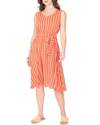 Image of likemary Orange Midi Dress for Women UK – Striped Casual Summer Dress with Pockets – Lightweight & Comfortable Holiday Outfit - Orange