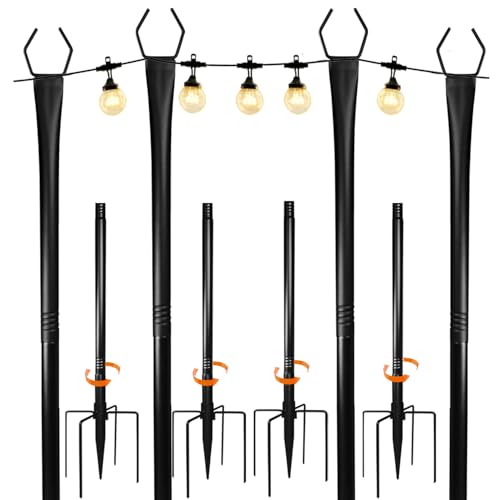 Confezione da 4 pali luminosi regolabili in metallo da 3 m, con forchetta per luci esterne, supporto per luci da esterno per patio, terrazza, cortile, giardino, feste, matrimoni