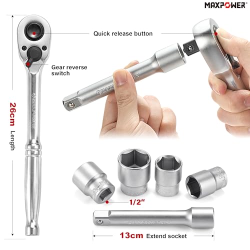 Image of MAXPOWER 1 /2 inch Drive Socket Wrench Set, 16-Piece, Including 13-Piece SAE Sockets, 1 /2 inch Drive Breaker Bar, 1 /2 inch Ratchet Wrench and Extension Bar