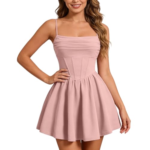 Generisch Élégante robe bustier à volants avec bretelles spaghetti, robe patineuse évasée...