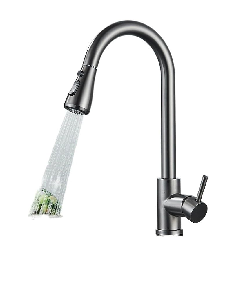 Soywim Gun Grey Black Kitchen Faucet, Single Hole Pull Out Spout Sink Mixer Tap, Stream Sprayer Head Chrome/Black,High-Pressure Resistant(Gun Grey)