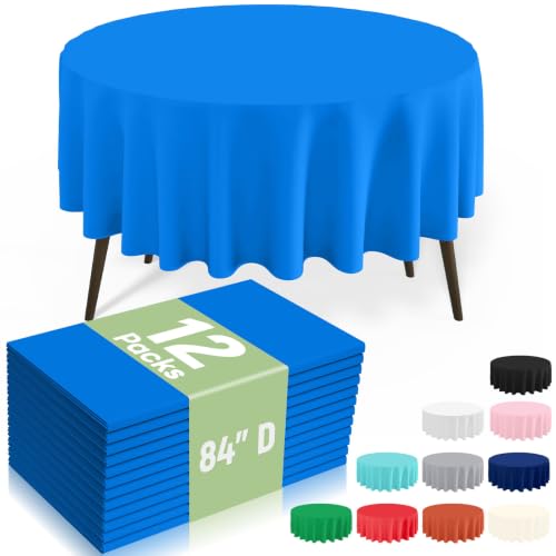Image of misaya 12 Packs Disposable Plastic Table Cloth, 84 inch Round Waterproof Tablecloth, Leakproof & Sturdy Decorative Table Covers for Picnic, Party and Outdoor, Blue