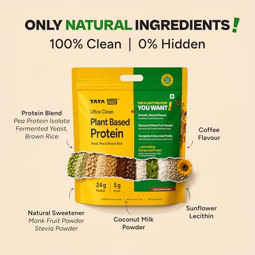 Image of Tata 1mg Ultra Clean Plant Based Protein Powder Coffee Flavour | 24g Protein | Smooth & Creamy Vegan Protein | No Chalkiness | No Added Sugar | Complete Amino Acid Profile | Pea, Brown Rice & Yeast Protein | 1kg