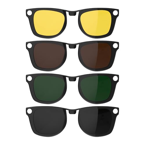 HIBLOKS 4Pcs Polarized Clip for Ray-Ban Meta Wayfarer RW4006 & Gen 2 RW4012 Regular (50-22), Shiny Black Frame Discoloration Clip-on for Meta Wayfarer Gen 2, (Black+Green+Brown+Yellow)