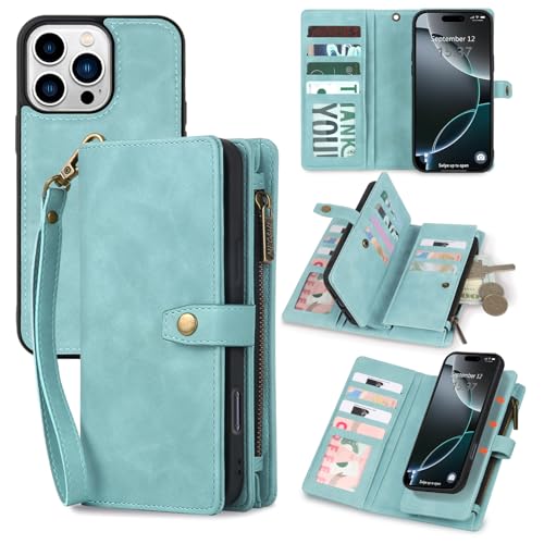 TwoHead Wallet Case Compatible with iPhone 16 Pro Max,Detachable Magnetic Phone Case,PU Leather All-Round Protective Case Wallet with Card Holder/Change Pocket,6.9 in,Blue
