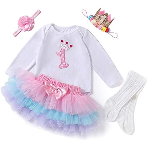 HOSUKKO Baby Girl Half/1st/2nd Birthday Outfit,Onesie+Tutu+Tight+Crown+Headband - - 6-12 months Cover