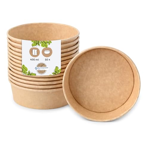 BIOZOYG Bol à salade 50 pièces 400 ml marron - Bol jetable pour soupe et salade à emporter - Vaisselle jetable Deli Container - Bol à emporter - Récipient à soupe en carton jetable