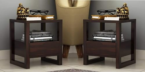 Image of Solid Sheesham Wood Bedside Table for Bedroom | Wooden Set of 2 Bed Side Nightstand Lamp Table with Drawer & Open Shelf Storage for Home & Hotels | Rosewood, Walnut Finish