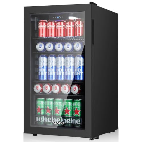 Image of 120 Can Beverage Refrigerator, Freestanding Beverage Cooler with Digital Temperature Display, Mini Drink Beer Soda Fridge for Office or Bar, White Indicator Light & Reversible Door - Black
