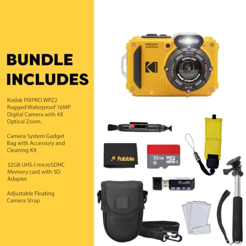 Image of Kodak PIXPRO WPZ2 Rugged Waterproof Shockproof Digital Camera 16MP 4X Optical Zoom 1080P Full HD Video, 2.7 LCD (Yellow), 32GB SD Card, Black Compact Case, Floating Strap, Bundle (7 Items)