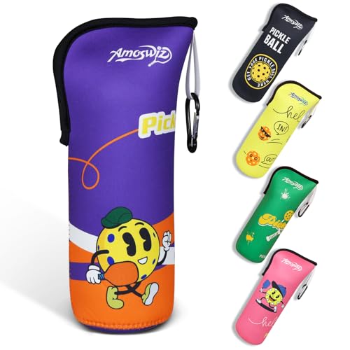 Amoswiz Pickleball Ball Holder - 1 Pc Pickle Ball Storage Bag Portable Tennis Pouch with Hook for Fence Premium Neoprene Material Bottle Holder Pickleball Accessory Purple Color