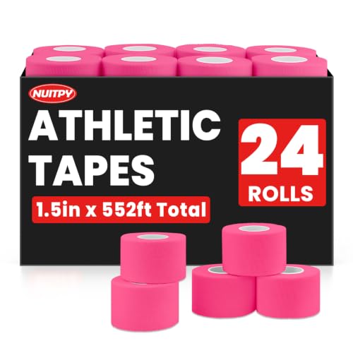 Image of NUITPY 24 Pack Athletic Tape, Pink Sports Tape, Easy Tear Wrist Tape | Strong Adhesion Tapes for Boxing, Gymnastics, Hockey, Soccer, Lacrosse and First Aid(1.5in x 552ft Total)