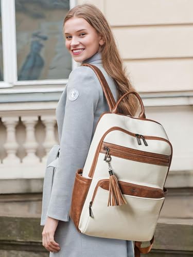 Mochila de cuero para portátil para mujer beige miniatura 2