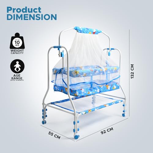 Image of BUBBLEBABY Baby Cradle | Jhula | Baggi | Palna | Ghodiyu | Ventilated | with Swing & Mosquito Net | 0-12 Months | Four Wheels with Brake | Storage | Polypropylene | Safe & Sturdy | Foldable | Blue