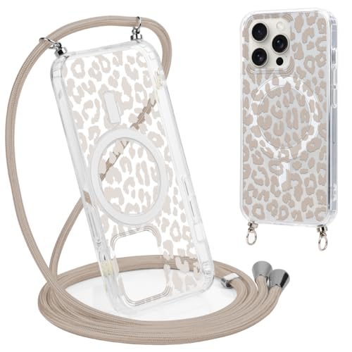 Coalbooliy Handykette Handyhülle für iPhone 15 Pro Hülle 6 1 mit Band Cover Kompatibel mit Magsafe Transparent Aesthetic Leopard Muster Cover mit Kordel zum umhängen Case Stoßfest 01