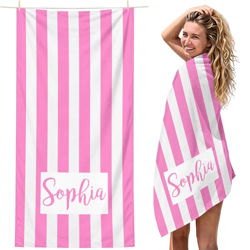 Personalized Beach Towel Microfiber Custom Beach Towel with Name for Adult Kids Quick Dry Sand Free Customized Pool Towel Gifts for Summer Holiday Vacation Graduation Beach Essentials (Pink 7)