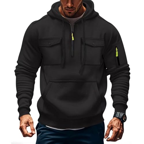Mens 1/4 Zip Pullover Hoodie Fashion Tactical Hooded Sweatshirt with Pockets, Outdoor Casual Sport Wear