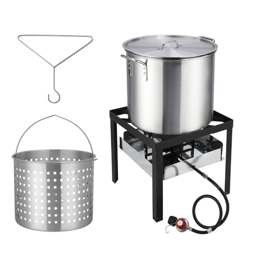 ROVSUN 60QT Turkey Fryer with Aluminum Boiler Steamer Basket & 150 000BTU Propane Burner Outdoor Gas Deep Fryer & Seafood Crawfish Boil Pot Set with High Pressure Propane Regulator and Hose