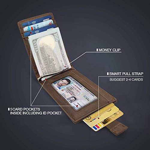 Image of Bryker Hyde RFID Blocking Slim Minimalist ID Inside Front Pocket Wallet, Money Clip, 9 Slots, Leather (Texas Brown w /Pull Out Tab)