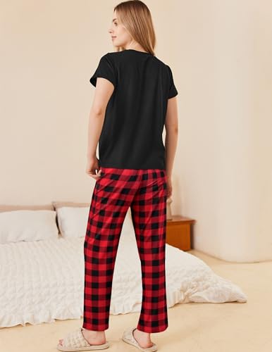 Image of Ekouaer Pajama Sets for Women Round Neck Pjs Short Sleeve Sleepwear with Long Pants Loose Lounge Sets
