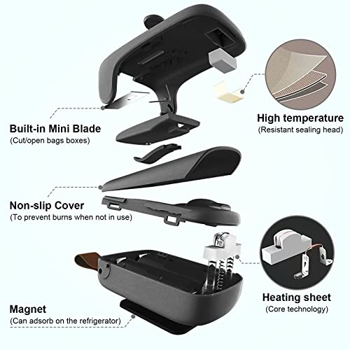 Mini Bag Sealer, Kenossion Chip Bag Sealer - Bag Sealer Heat Seal with Cutter & Magnet, Portable Mini Sealing Machine to Reseal Plastic Bags & Keep Snacks Fresh-Black (2xAA Batteries Included)