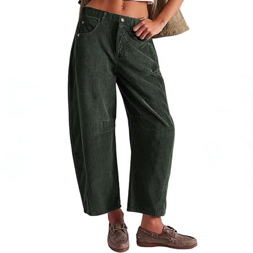Porolo Damen High Waist Cordhose Einfarbig Freizeithose Locker Gerade Lang Hose Casual Corduroy Hose