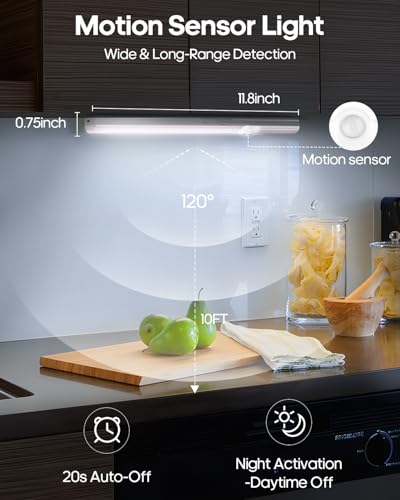Image of Under Cabinet Lights, 11.8 Inch Motion Sensor Lighting Indoor, 1800mAh Rechargeable Battery Operated Wireless Closet Lights, Magnetic Dimmble Under Counter Lights for Kitchen (2 Pack)