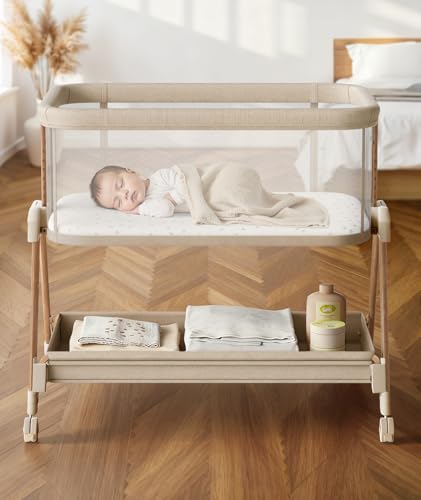 Fodoss Baby Bassinets Bedside Sleeper - 3-in-1 Baby Bassinet with Wheels, Soft Mattress, Storage