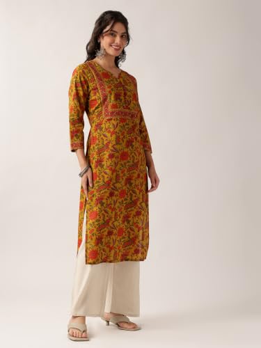 Image of Vbuyz Women Floral Print with Yoke Details Straight Cotton Stitched Kurta