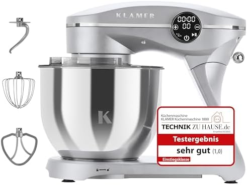 KLAMER Küchenmaschine 1800W, Knetmaschine Brotteig mit 6L Edelstahlschüssel | 10 Geschwindigkeiten und Timer, Planetenrührwerk, Knethaken, Flachrührer und Schneebesen, transparente