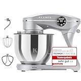 KLAMER Küchenmaschine 1800W, Knetmaschine Brotteig mit Edelstahl-Rührschüssel 6 L, 10 Stufen mit Timer, Planetenrührwerk, Rührbesen, Knethaken, Schneebesen & Sichtdeckel (silber)