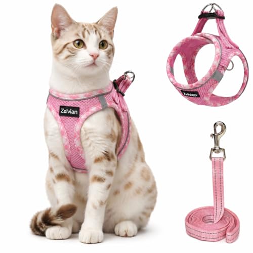 Zelvian Cat Harness and Leash Set for Walking, Escape Proof Adjustable Soft Mesh Kitten Harness with Reflective Strips, Breathable No-Choke Pet Vest for Small Cats or Puppies(Pink,XXS)