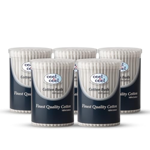 Cool & Cool Cotton Buds - 100s (Pack of 5) - Round Thick Tips Cotton Swabs 100% Cotton Double Tipped Hygienic Gentle & Safe Swabs - 500s
