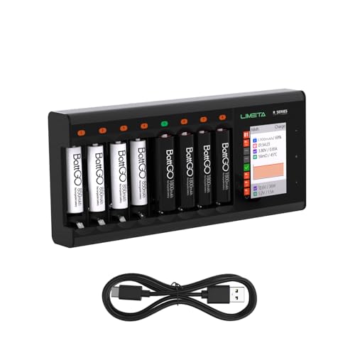 LIMETA R8 Intelligentes Akku Ladegerät für AA AAA, 8-Slot USB C Batterie Schnellladegerät mit Reparatur/Analyse/Entladung/LCD Display, für NIMH NICd LiHv 3,7V Li-lon Eneloop Wiederaufladbare