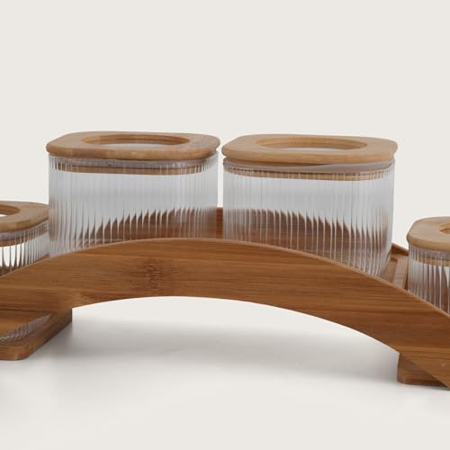 Image of HOME 360 Bamboo Bridge Tray | Set of 4 Ribbed Glass Canisters with Natural Wood Lids | Unique Arched Display Spice Rack | Minimalist Boho Kitchen Decor | (Bridge - 4Jar)