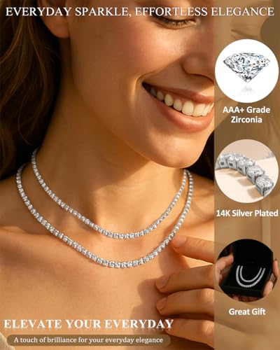 Double Layer Tennis Necklaces for Women - Dainty 14K Gold and Silver CZ Tennis Necklace Simple Tennis Chain Sparkly Diamond Choker Necklaces for Women Trendy Silver Jewelry2