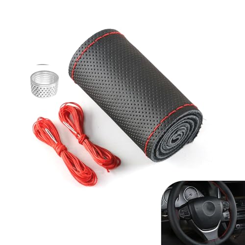 CouTunp Genuine Leather Steering Wheel Cover, 15 Inch DIY Hand-Stitched Steering Wheel Cover, Breathable Non Slip Car Steering Wheel Protector Cover, Stitch On Wrap, Car Accessories (Red, Hole)
