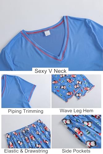 Image of Vozanet Women's Plus Size Pajama Sets Short Sleeve Long Pants Solid Color with Piping Trim Elegant Loungewear Cozy Sleepwear