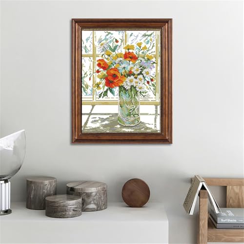 Image of JOYSEWING Flower vase Pattern Stamped Cross Stitch, Counting Cross Stitch Kit for Adult Beginners, DIY Needlepoint Craft Kits, Home Decor- (Flower vase on windowsill(Printed) 14.17 x17.72 inch)