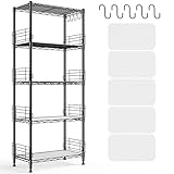 5 Tier Metal Shelving Unit Pantry Storage Shelves with Side Blockers Adjustable Metal Wire Shelf with Hooks & Shelf Linker Standing Storage Rack for Kitchen Pantry Bathroom Closet,13.8'Dx21.7'Wx59.1'H