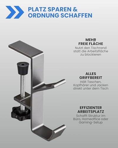 ELUXION Tischhalterung mit Doppelhaken I Klemmhalterung aus eloxiertem Aluminium für Taschen, Rucksäcke, Jacken & Kopfhörer I Schreibtischhaken für Homeoffice, Büro & Gaming Setup I anthrazit