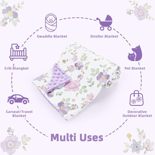 Image of SWESEN Baby Blanket for Girls, Super Soft Double Layer Minky Blankets with Dotted Backing, Purple Floral Toddler Newborn Nursery Bed Blanket, 30 X 40 Inches