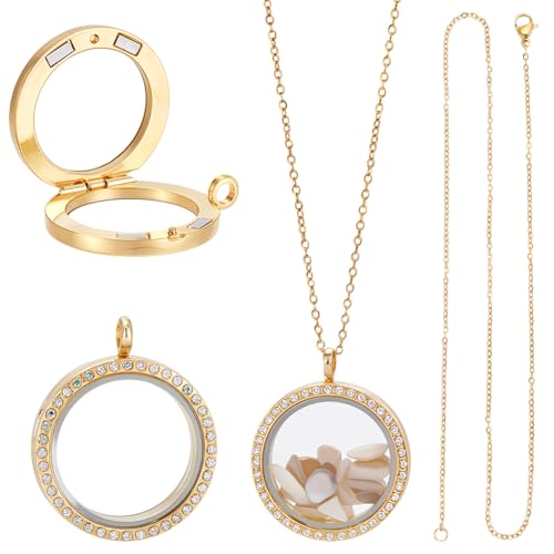 UNICRAFTALE 2 Sets Gold Rhinestone Photo Charms Stainless Steel Crystal Memory Locket Charms Flat Round DIY Photo Necklace Making Kit Photo Frame with Chain for Necklaces Jewelry Making 30.5mm
