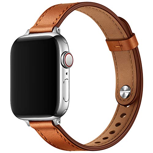 OUHENG Slim Band Compatible with Apple Watch Band 41mm 40mm 38mm 45mm 44mm 42mm, Women Genuine Leather Band Replacement Thin Strap for iWatch SE Series 7 6 5 4 3 2 1 (Brown/Silver, 41mm 40mm 38mm) OUHENG Slim Band Compatible with Apple Watch Band 41mm 40mm 38mm 45mm 44mm 42mm, Women Genuine Leather Band Replacement Thin Strap for iWatch SE Series 7 6 5 4 3 2 1 (Brown/Silver, 41mm 40mm 38mm)