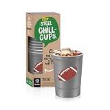 Steel Chill Cups 16 oz. Reusable Party Cups, Football, Gray, 12 Count