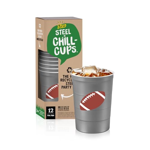 Steel Chill Cups 16 oz. Party Cup Football 'It's Good' Goal Post Design for Cold Drinks, Durable, Disposable, Recyclable, Made in USA, Gray 12 Count